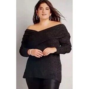 LANE BRYANT Off the Shoulder Illusion Top Black Sparkle 22/24 Long Sleeve Party